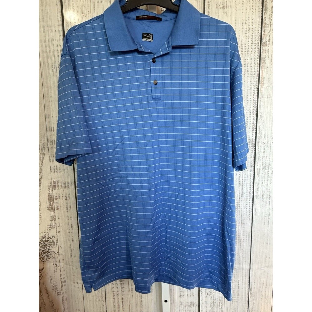 Nike Polo Shirt Mens XL Blue White Stripes Tiger Woods Collection Fit Dry Golf